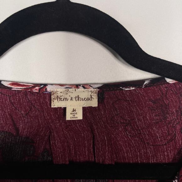 Francescas Hem & Thread M Burgundy Red Floral Keyhole Tie Long Sleeve Blouse Top - Picture 6 of 8